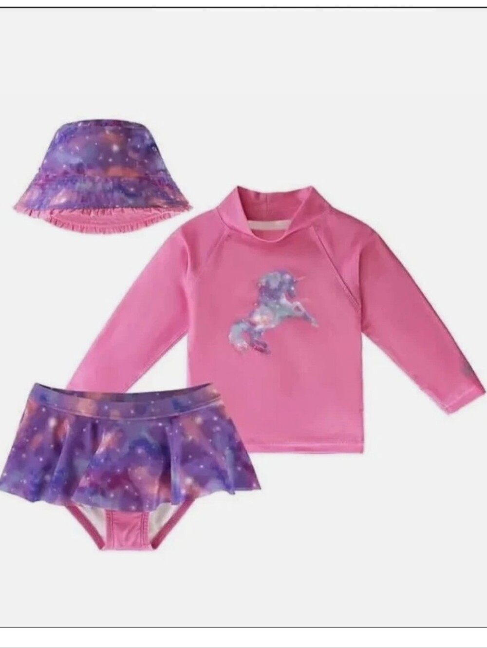 Girls Pink Unicorn UV Swim Set with Purple Galaxy Skirt and Hat